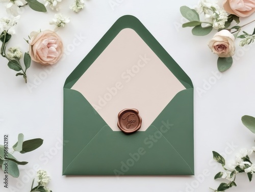 Floral wedding invitation with vellum envelope and wax seal, romantic and classic mockup design