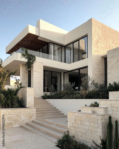 A modern luxury villa with white and beige tones, stone walls, large windows, an open courtyard terrace, plants on the roof, and stairs leading to ground level. from outside