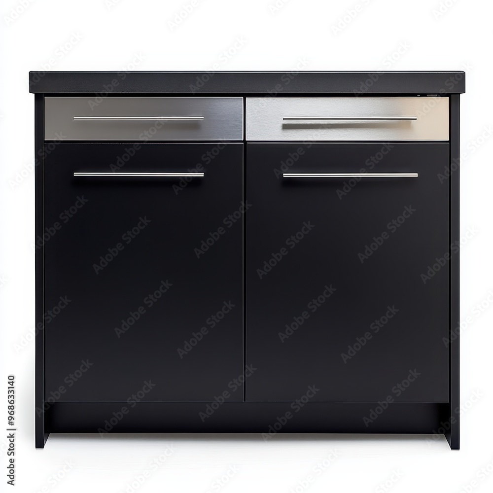 A modern black cabinet with two drawers and two doors, suitable for storage. A modern black cabinet with two drawers and two doors, suitable for storage.