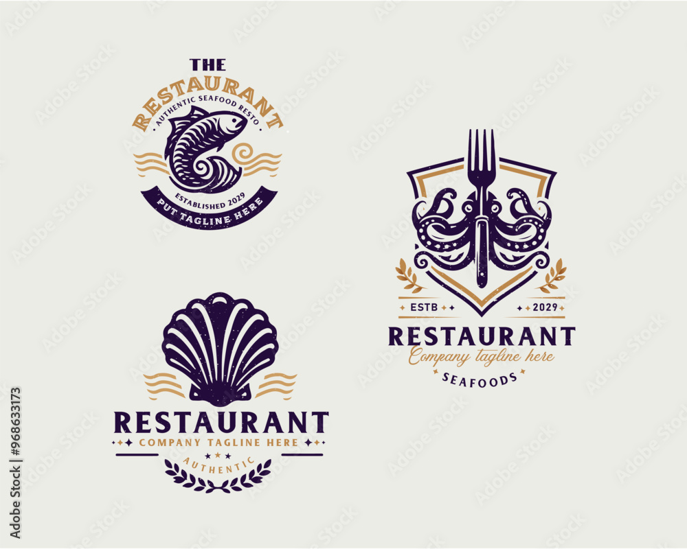 Obraz premium Set vintage bundle classic seafood restaurant logo design for business company
