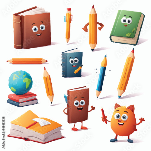 Set of cute icon in back to school concept Cartoon hand drawn Art science sport subject collection Student and teacher Kawaii Vector Illustration. school supplies groovy characters in gloves.