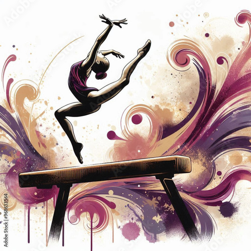 Gymnast performing on balance beam with graceful movements and artistic flair

