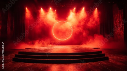 dramatic stage with red lighting and smoke effects, circular spotlight. theatrical performance and creativity concept photo