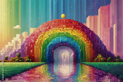 Vibrant pixel art with a rainbow scheme, sharp geometric design on a white background, modern and vivid.