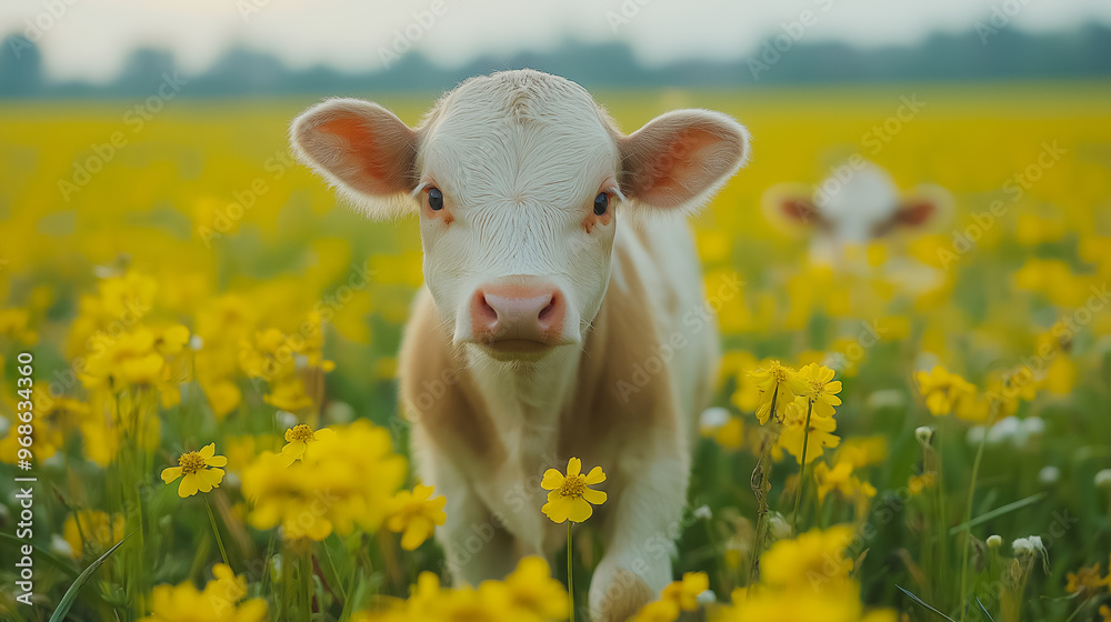 Obraz premium A baby cow is standing in a field of yellow flowers. The cow is looking at the camera with curiosity
