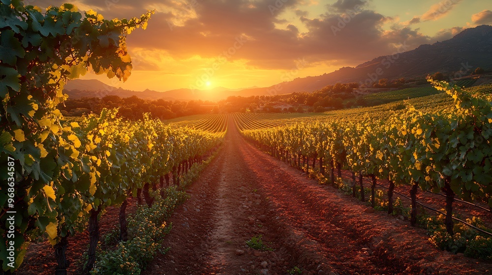 Naklejka premium Photorealistic image of a rustic vineyard at sunset with rows of grapevines stretching toward the horizon and the soft glow of the evening sun lighting the scene