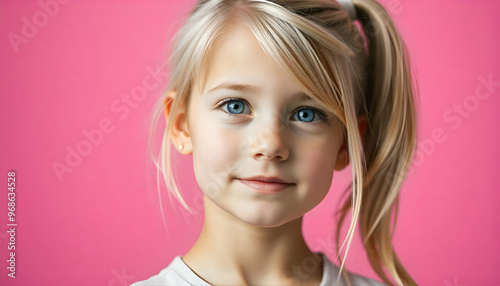 A young Caucasian girl with long blonde hair and blue eyes, wearing a white shirt, against a pink background