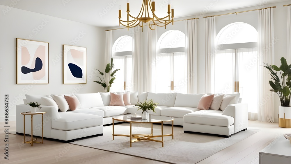 A contemporary living room showcasing pristine white furniture adorned with sophisticated gold accents for a chic ambiance. A contemporary living room showcasing pristine white furniture adorned with sophisticated gold accents for a chic ambiance.