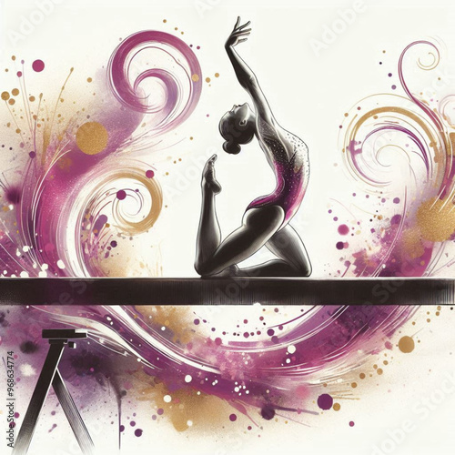 Gymnast performing on balance beam with graceful movements and artistic flair

