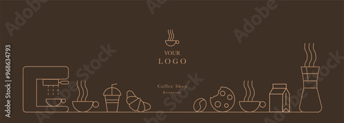 Hand drawn illustration of Bakery and Coffee. Icons. Abstract geometric line background. Gold luxury. Pattern for cover design, food package, menu, background, café wall, coffee shop, web banner