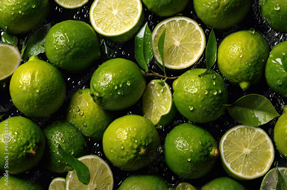 Fresh limes and leaves splash mid-air, capturing vibrant energy with droplets frozen in motion. Fresh limes and leaves splash mid-air, capturing vibrant energy with droplets frozen in motion.