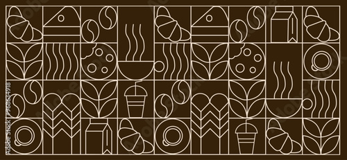 Coffee modern geometric pattern in mosaic line tiles, vector background. Coffee cup and moka pot with cappuccino and espresso, coffee beans and hot chocolate in geometric pattern 