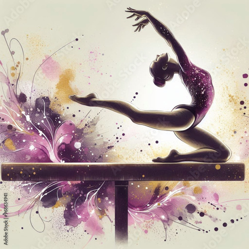 Gymnast performing on balance beam with graceful movements and artistic flair

