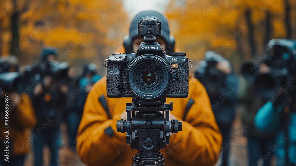 A man holding a camera with the word Canon on it. He is surrounded by other people A man holding a camera with the word Canon on it. He is surrounded by other people