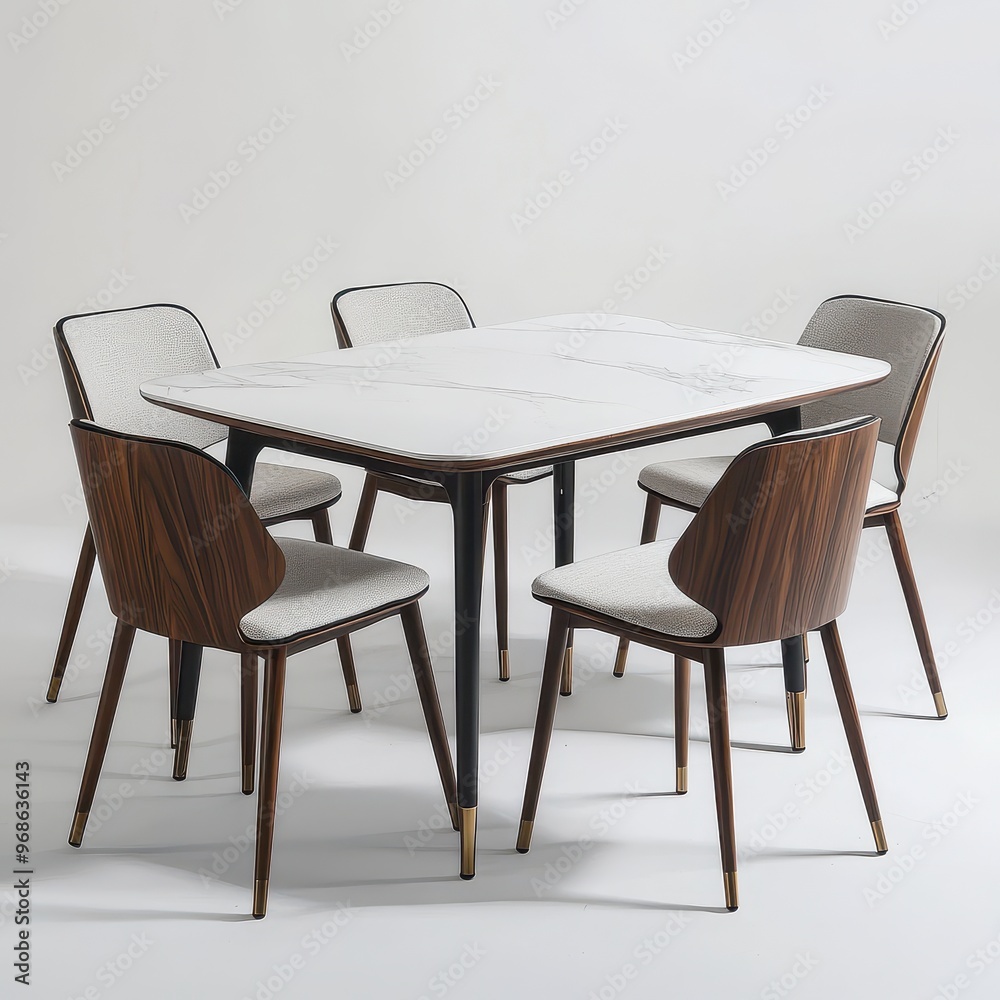 A modern dining table set with five chairs, designed for dining and social gatherings. A modern dining table set with five chairs, designed for dining and social gatherings.