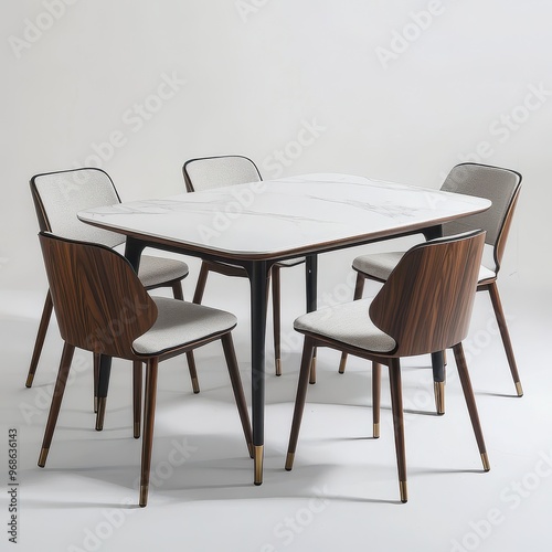 A modern dining table set with five chairs, designed for dining and social gatherings.