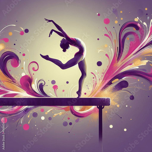 Gymnast performing on balance beam with graceful movements and artistic flair

