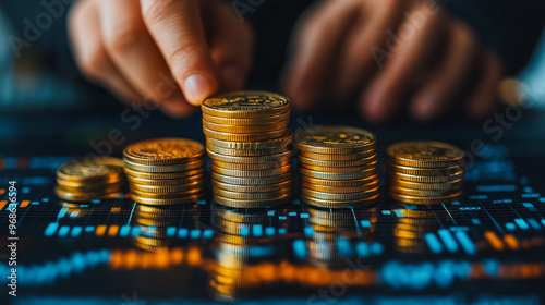 A person is holding a stack of gold coins. The coins are piled on top of each other, and the image has a sense of wealth and prosperity