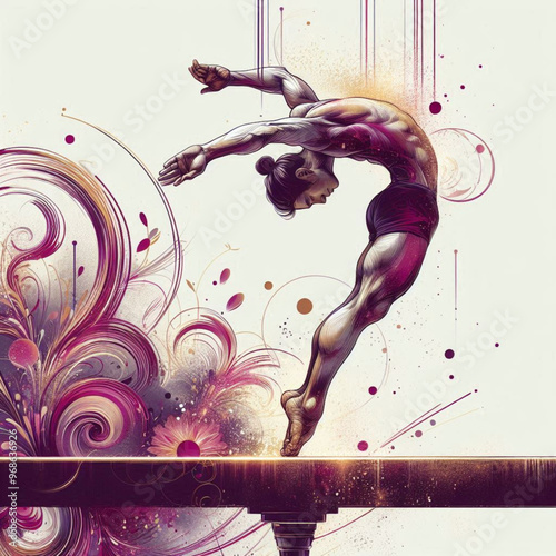 Gymnast performing on balance beam with graceful movements and artistic flair

