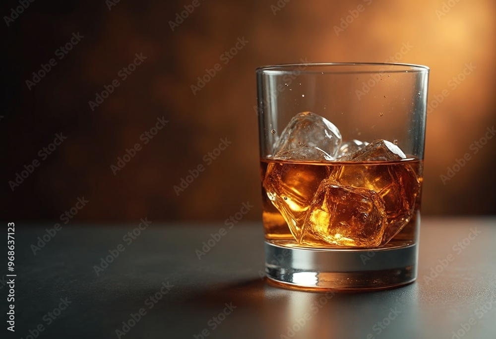 Close-up of a glass with whiskey and ice cubes on an aesthetic background, copy space on a side Close-up of a glass with whiskey and ice cubes on an aesthetic background, copy space on a side