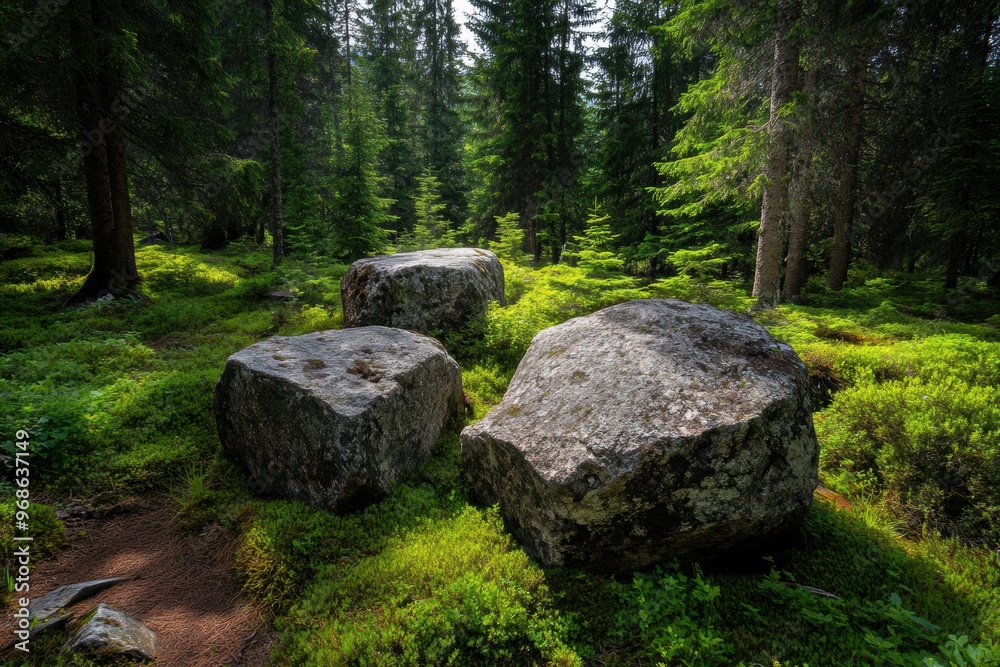 Massive granite boulders nestled in a serene forest clearing, surrounded by lush moss and tall trees. Massive granite boulders nestled in a serene forest clearing, surrounded by lush moss and tall trees.