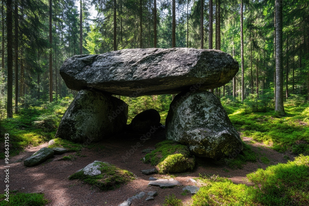 Massive granite boulders nestled in a serene forest clearing, surrounded by lush moss and tall trees. Massive granite boulders nestled in a serene forest clearing, surrounded by lush moss and tall trees.