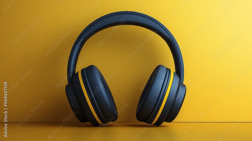 Black headphones on yellow background, minimalistic audio concept Black headphones on yellow background, minimalistic audio concept