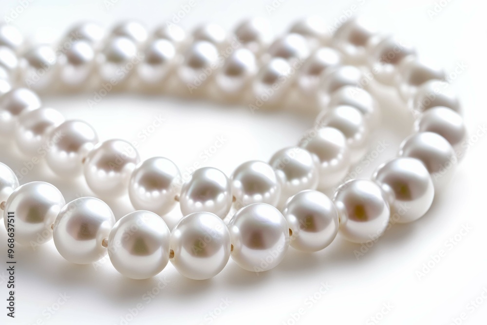 A Photo Elegant Pearl Necklace: A close-up of a pearl necklace with smooth, shimmering white pearls, elegantly coiled in a circular pattern on a stark white background. A Photo Elegant Pearl Necklace: A close-up of a pearl necklace with smooth, shimmering white pearls, elegantly coiled in a circular pattern on a stark white background.