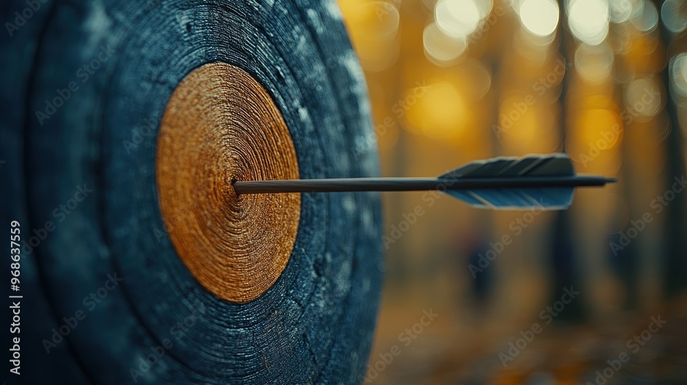 Sharp Focus on Arrow Hitting Bullseye on Archery Target, Blurry Background of People Practicing in Forest, Vintage Color Grading
Sharp Focus on Arrow Hitting Bullseye on Archery Target, Blurry Background of People Practicing in Forest, Vintage Color Grading