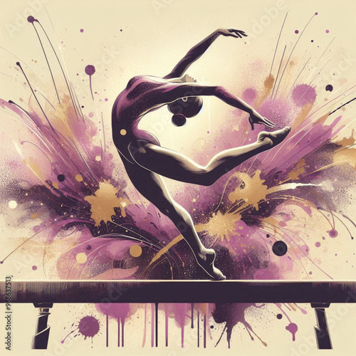 Gymnast performing on balance beam with graceful movements and artistic flair

