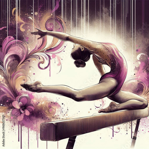 Gymnast performing on balance beam with graceful movements and artistic flair

