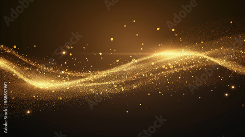 Gold glitter particles, shining gold sparks wave background. Gold glow and shimmering sparkles shine, abstract magic bright sparks in wave motion