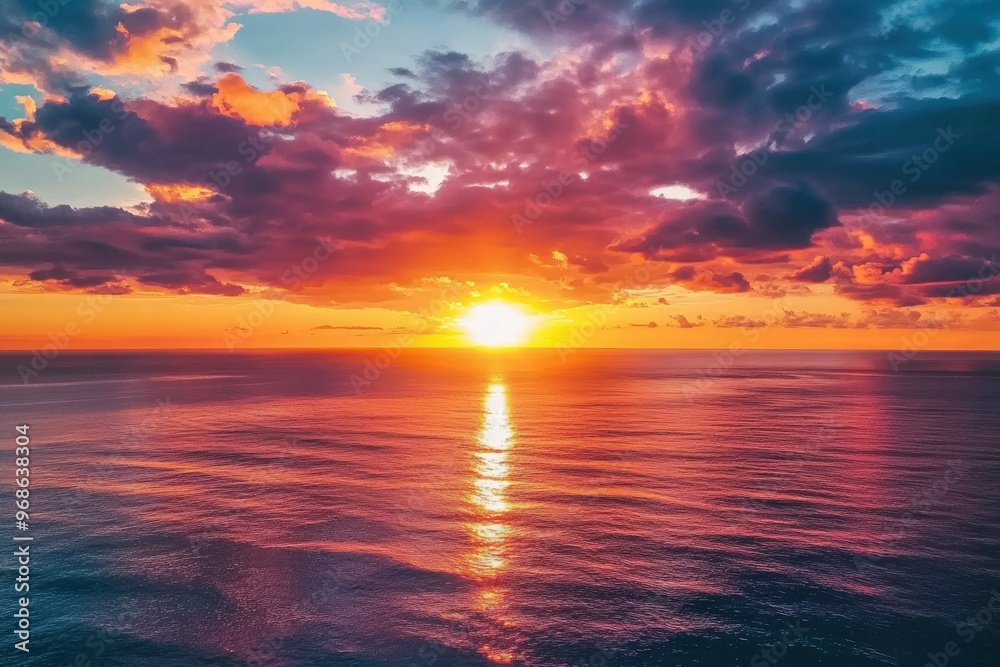 Golden Hour Sunset Over the Ocean: Stunning Reflection of Colors in Tranquil Waters Golden Hour Sunset Over the Ocean: Stunning Reflection of Colors in Tranquil Waters