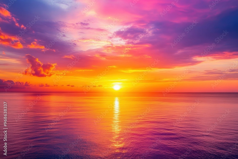 Obraz premium Golden Hour Sunset Over the Ocean: Stunning Reflection of Colors in Tranquil Waters