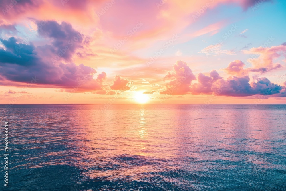 Golden Hour Sunset Over the Ocean: Stunning Reflection of Colors in Tranquil Waters