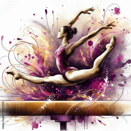 Gymnast performing on balance beam with graceful movements and artistic flair

