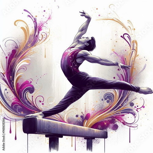 Gymnast performing on balance beam with graceful movements and artistic flair

