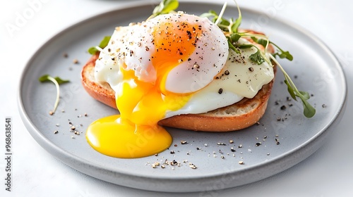 A high-end shot of a perfectly plated eggs benedict, with a runny yolk oozing from the poached egg and smothered in hollandaise sauce. The dish is textures and colors are styled to create a
