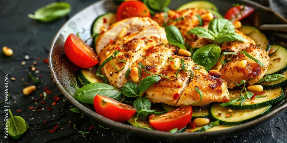 Fried Chicken Fillet with Tomato Zucchini and Pine Nut Salad Poultry Salad with Ketogenic Diet Concept Fried Chicken Fillet with Tomato Zucchini and Pine Nut Salad Poultry Salad with Ketogenic Diet Concept
