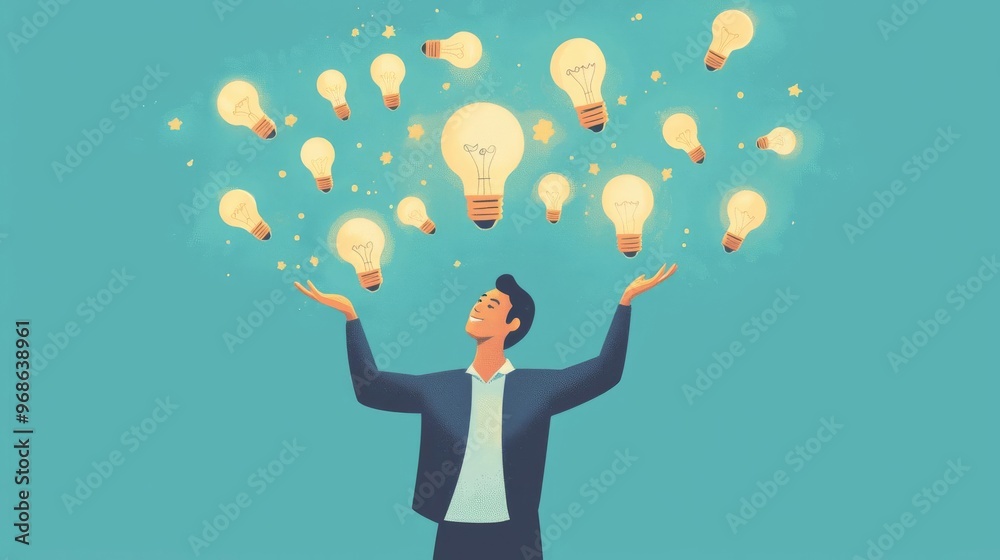 Person juggling light bulbs, multitasking brainpower, flat design illustration Person juggling light bulbs, multitasking brainpower, flat design illustration