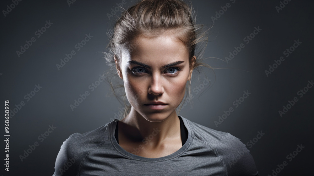 Naklejka premium Determined fitness woman on grey background