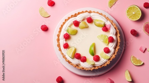 A whole lime pie with raspberries and whipped cream on a pink background.