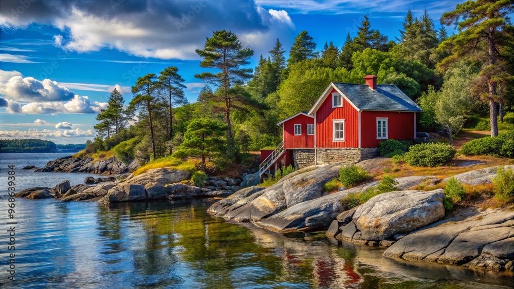 Fototapeta premium Scenic red house on rocky shore by water with trees in background