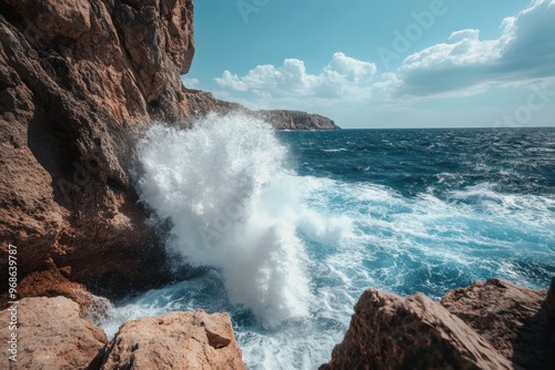 A rocky coastline where powerful waves crash against rugged cliffs, creating dramatic splashes and foamy whitecaps. photo