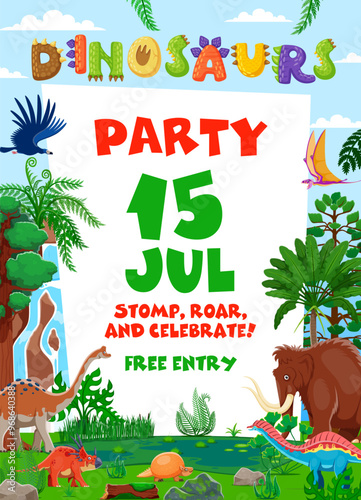 Prehistoric dinosaurs on kids party flyer with cartoon dino characters, vector invitation poster. Kids birthday party and child family entertainment event flyer with funny dinosaurs from Jurassic park