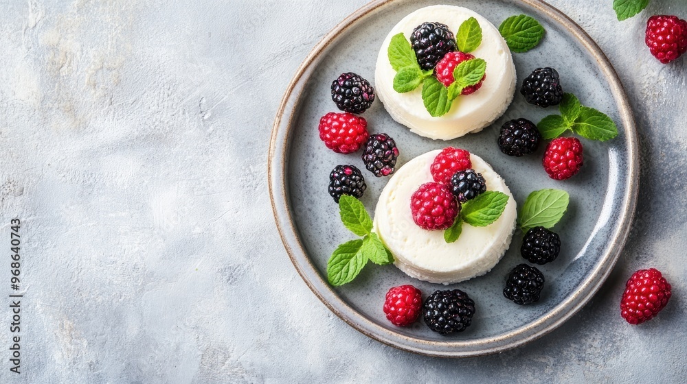 Two white creamy desserts topped with raspberries and blackberries, garnished with fresh mint leaves on a gray plate.