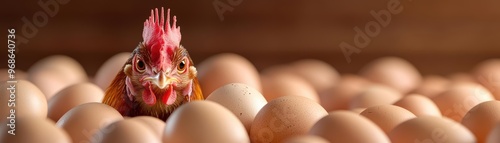 Close-up of a mother hen watching over her eggs, feathers softly ruffled, emphasizing the protective instinct during natural incubation Poultry, Natural Incubation, Protection photo