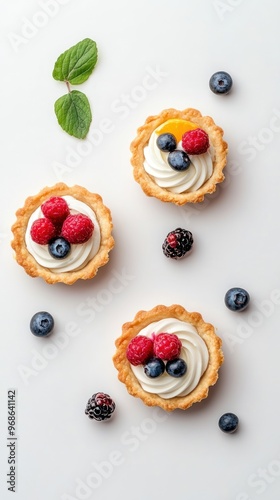 Three mini tarts with whipped cream and fresh berries on a white background.