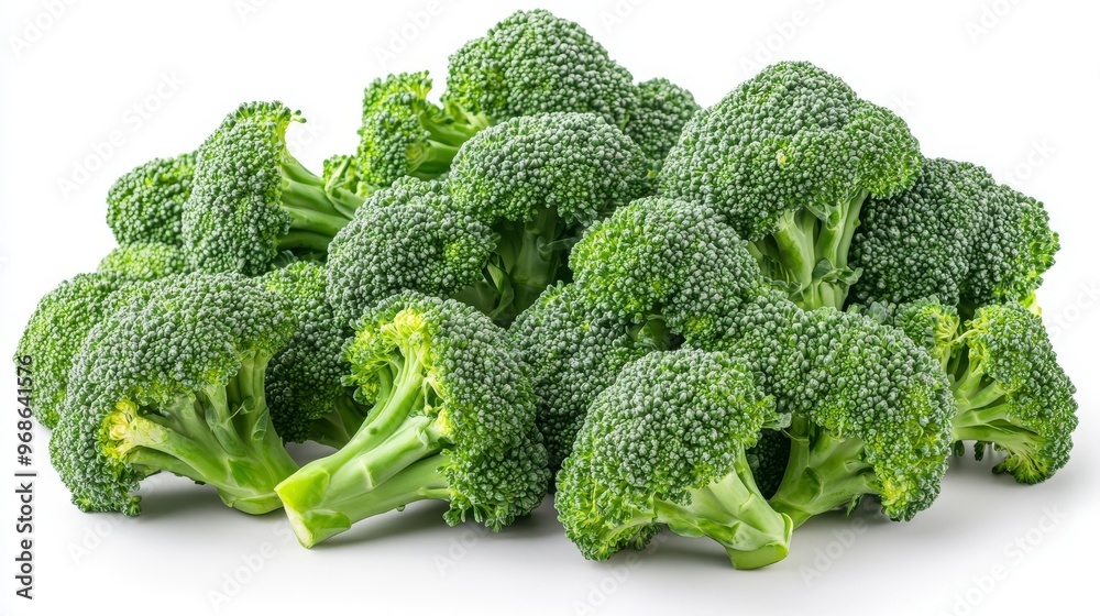 Fresh Broccoli With Vibrant Green Florets Stacked Together on a White Backdrop Fresh Broccoli With Vibrant Green Florets Stacked Together on a White Backdrop