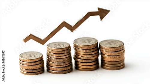 Stacked coins with an arrow pointing upward, symbolizing economic growth on a white background.